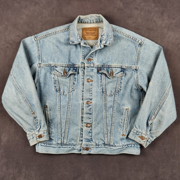 Vintage Levis Denim Trucker Jacket Boys 20 XL Light Wash 57508 Orange Tab USA 90